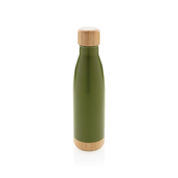 Vakuum Edelstahlfasche mit Deckel und Boden aus Bambus, grün
