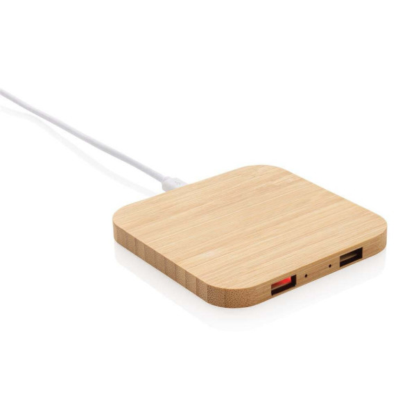 10W Wireless-Charger mit USB aus FSC®-Bambus, braun