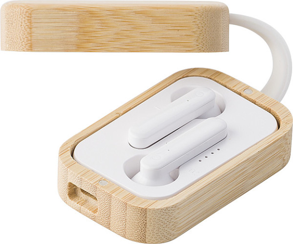 Bezdrátová sluchátka v bambusové krabičce
