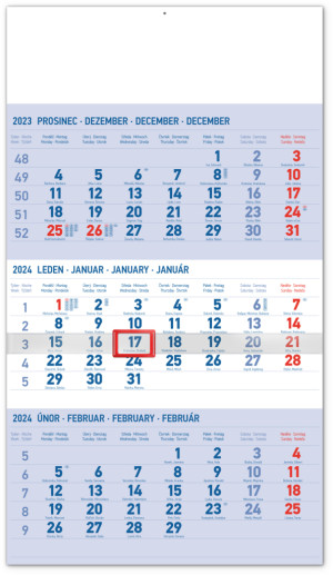 Nástenný kalendár 3-mesačný štandard modrý – s českými menami CZ 2024, 29,5 × 43 cm - Reklamnepredmety