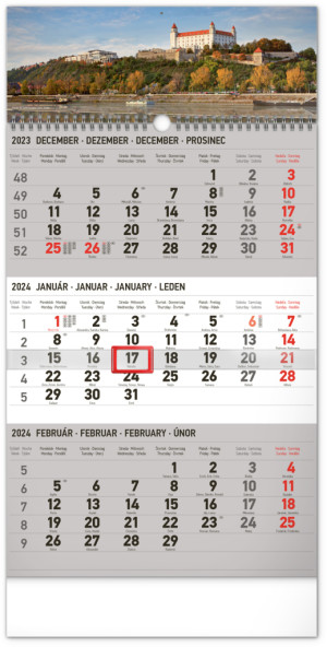 Nástenný kalendár 3-mesačný Bratislava šedý – so slovenskými menami 2024, 29,5 × 43 cm - Reklamnepredmety