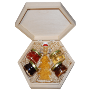 2 Arten von Honig, Nüssen und getrockneten Preiselbeeren in Honig mit Met in einer sechseckigen Schachtel mit verschließbarem Deckel - Reklamnepredmety