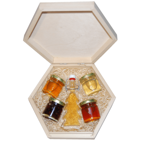 4 Honigsorten mit Met in einer sechseckigen Schachtel mit verschließbarem Deckel