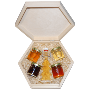 4 Honigsorten mit Met in einer sechseckigen Schachtel mit verschließbarem Deckel - Reklamnepredmety