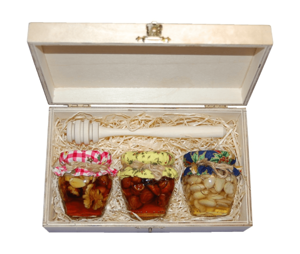Set Nüsse in Honig in einer lackierten Box mit verschließbarem Deckel