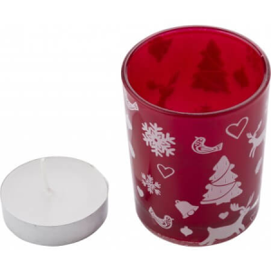 Glass candle holder with Christmas decorations, Red - Reklamnepredmety
