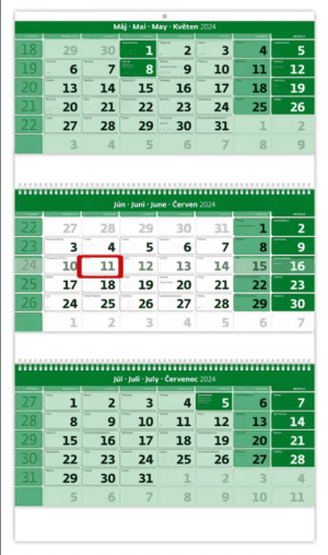 Trojmesačný kalendár zelený so špirálou a s menným kalendáriom - Reklamnepredmety