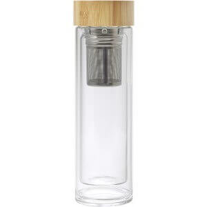 Bamboo and glass double walled thermos bottle (420 ml) - Reklamnepredmety